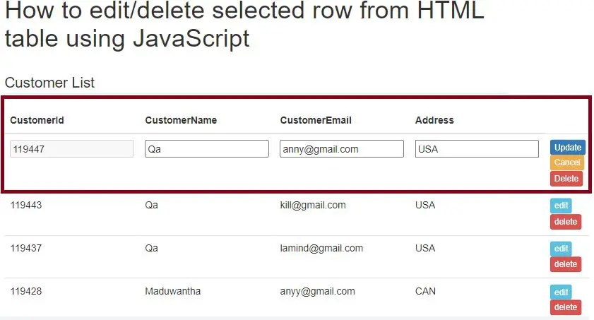 Javascript Delete Selected Row From Table